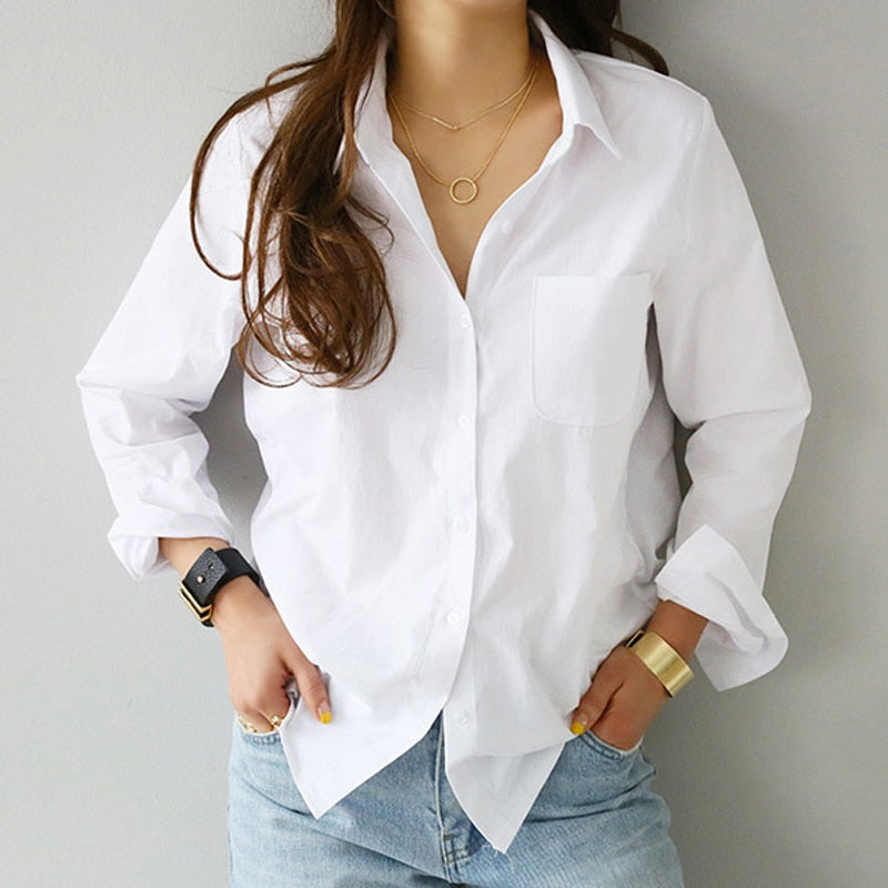 White Shirt Blouse Tops Long Sleeve Casual Turn-down Collar OL Style Loose Blouses - GiftMaybe