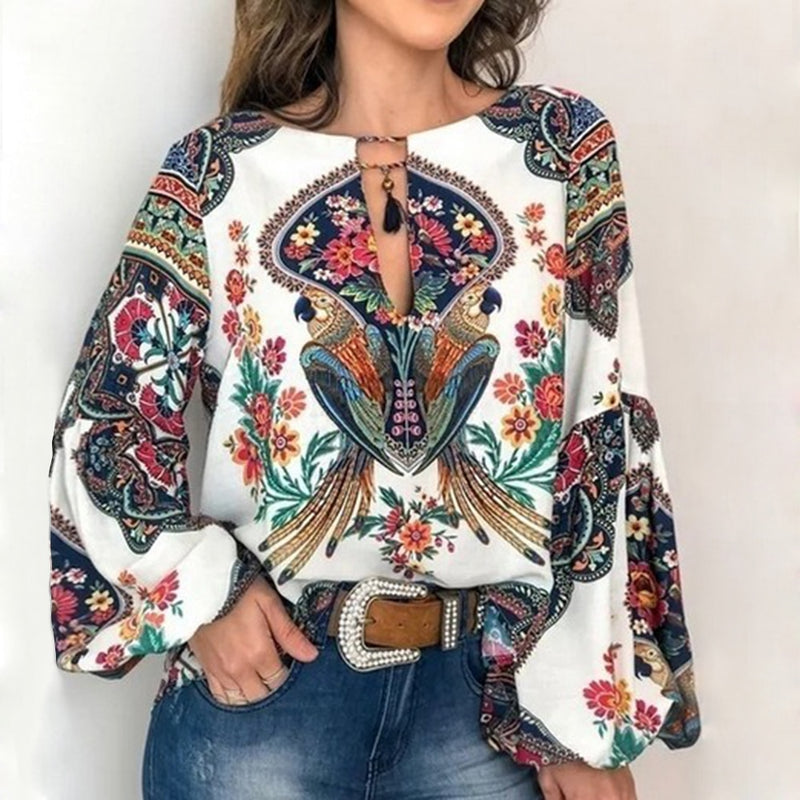 Casual Vintage Shirt Blouse Women Floral Printed Lantern Sleeve Tops And Blouse V Neck - GiftMaybe