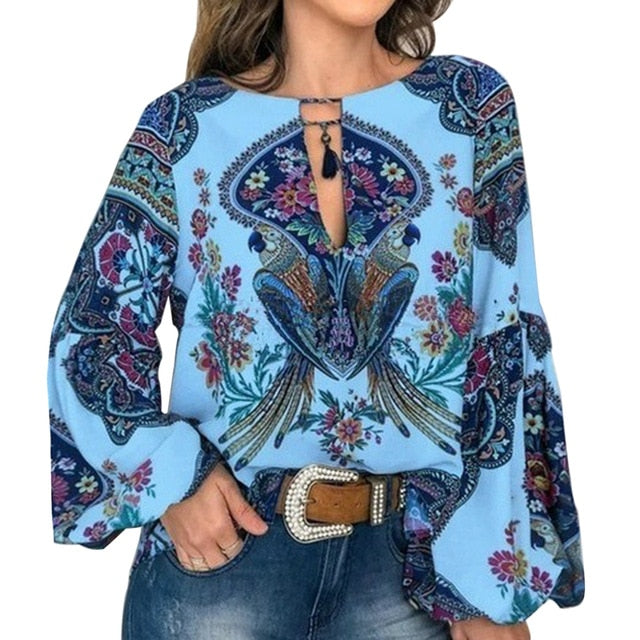 Casual Vintage Shirt Blouse Women Floral Printed Lantern Sleeve Tops And Blouse V Neck - GiftMaybe