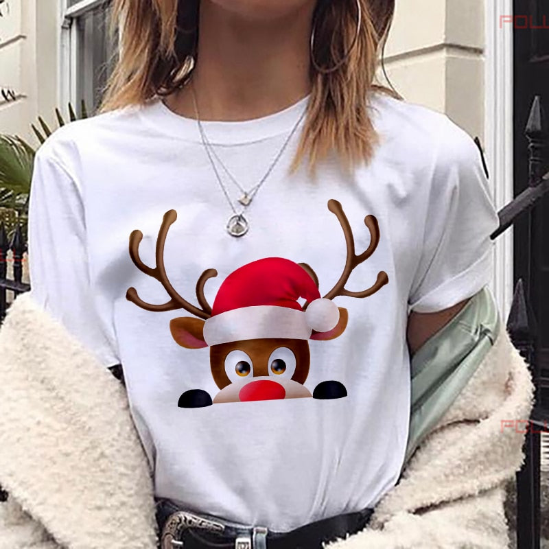 Christmas Women White Color Short Sleeve Casual Style T Shirt for Holiday - GiftMaybe