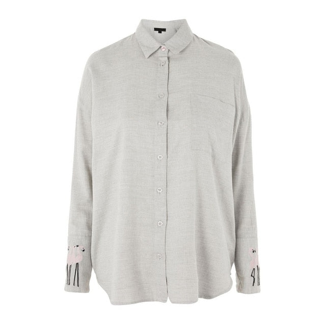 Animal Embroidery Women Shirt 2019 Office Lady Shirts Casual Elegant Plus Size Tops Long Sleeve Turn-down Collar Women's Blouse - GiftMaybe