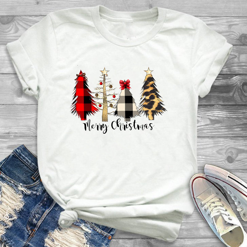 Women Cartoon Leopard Plaid Tree New Year Christmas T-Shirt for Holidays - GiftMaybe
