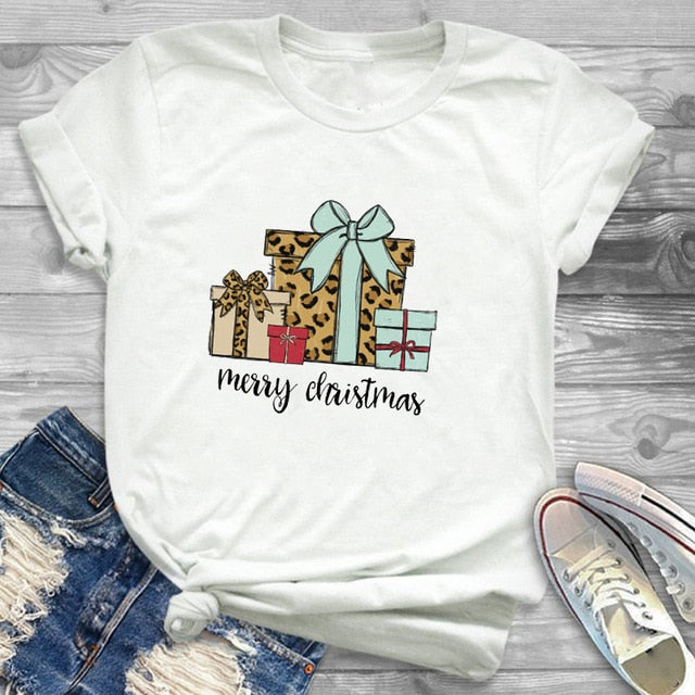 Women Cartoon Leopard Plaid Tree New Year Christmas T-Shirt for Holidays - GiftMaybe