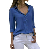 Women Tops Blouses Elegant Long Sleeve Solid V-Neck Chiffon Blouse Female Work Wear Shirts - GiftMaybe