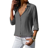 Women Tops Blouses Elegant Long Sleeve Solid V-Neck Chiffon Blouse Female Work Wear Shirts - GiftMaybe