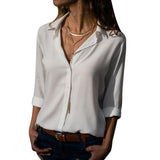 Women Tops Blouses Elegant Long Sleeve Solid V-Neck Chiffon Blouse Female Work Wear Shirts - GiftMaybe