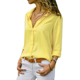 Women Tops Blouses Elegant Long Sleeve Solid V-Neck Chiffon Blouse Female Work Wear Shirts - GiftMaybe