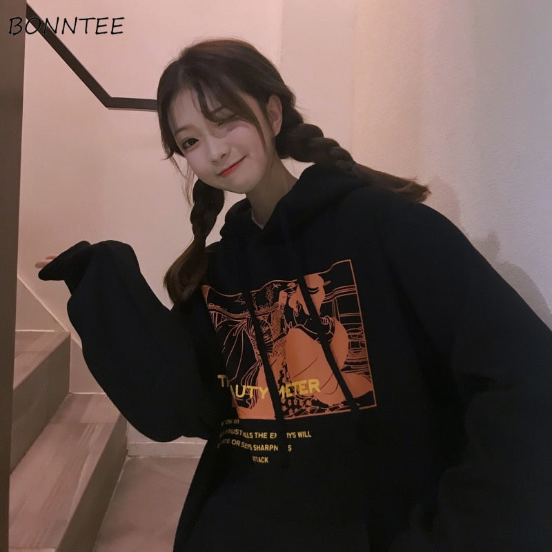 Women Hoodies Winter Velvet Thicker Warm Printed Loose Simple Korean Style Students - GiftMaybe