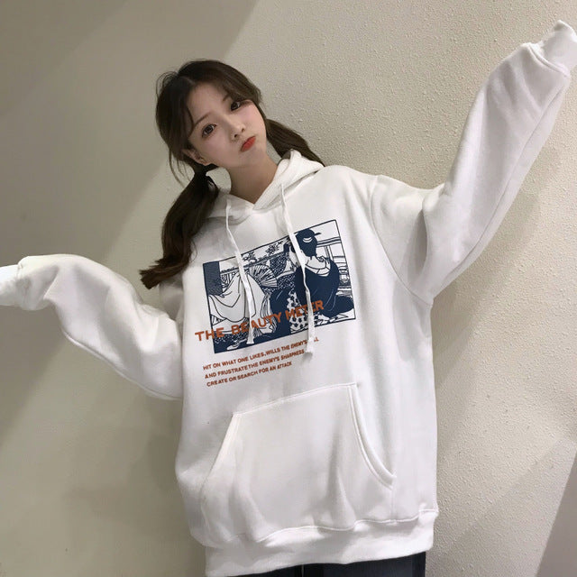 Women Hoodies Winter Velvet Thicker Warm Printed Loose Simple Korean Style Students - GiftMaybe