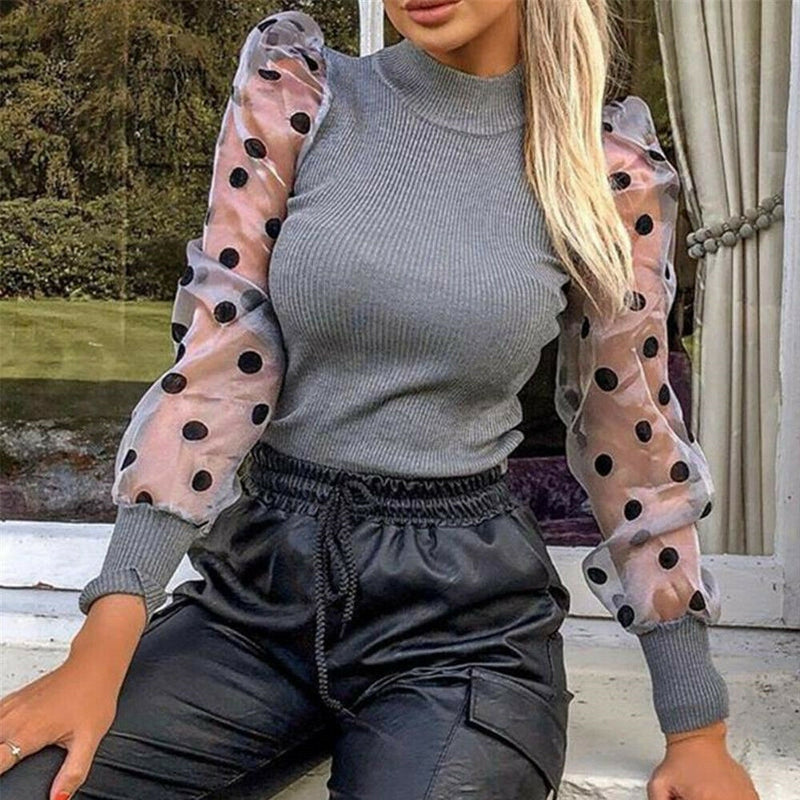 Women Mesh Puff Long Sleeve Ribbed Knitted Shirt Loose Casual Elegant Turtleneck Party Clubwear - GiftMaybe