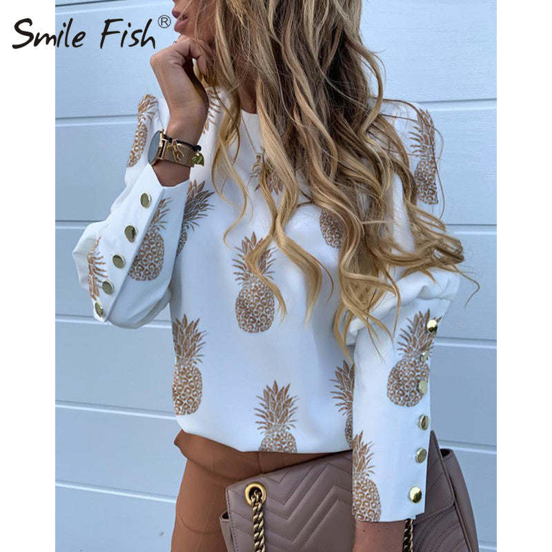 Buttons Puff Sleeve Shirts Letters Pineapple Chain Printed White Blouses Long Sleeve Spring Blusas - GiftMaybe