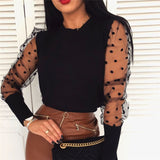 Mesh Puff Long Sleeve Ribbed Shirt Loose Spot Blouse Elegant Turtleneck Party Clubwear - GiftMaybe