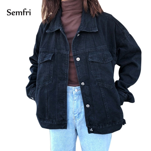 Jacket Women Black Denim Jacket Winter Coat Casual Streetwear Vintage Jeans Coat - GiftMaybe