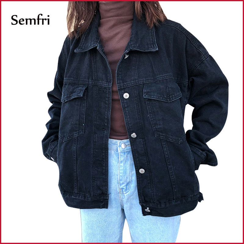Jacket Women Black Denim Jacket Winter Coat Casual Streetwear Vintage Jeans Coat - GiftMaybe
