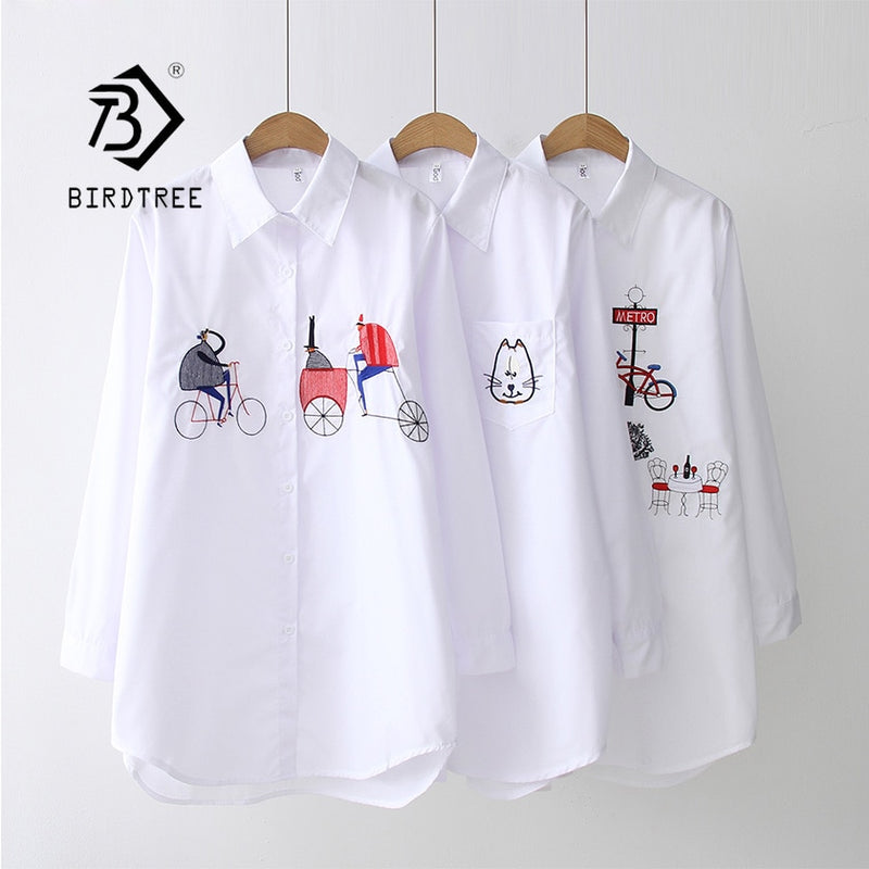 White Shirt Casual Wear Button Up Turn Down Collar Long Sleeve Cotton Blouse Embroidery Feminina - GiftMaybe