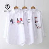 White Shirt Casual Wear Button Up Turn Down Collar Long Sleeve Cotton Blouse Embroidery Feminina