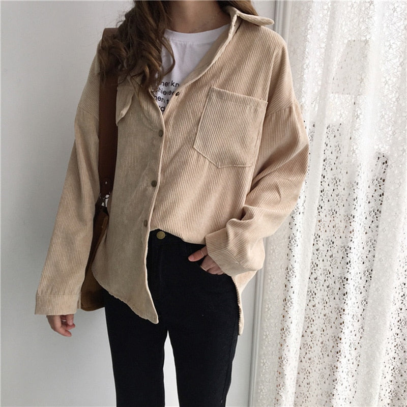 Long Sleeve Shirts Spring and autumn Solid Batwing Sleeve Blouse Warm Corduroy Blouses - GiftMaybe