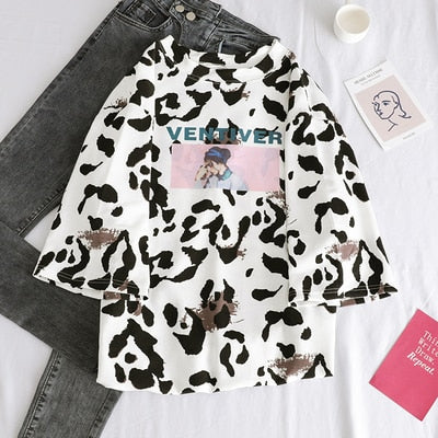 Women Short Sleeve T-shirts Street-wear Cartoon Print Korean Style - GiftMaybe