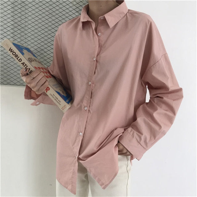 Solid Blouse Loose Casual Vacation All-Match Tops Shirts Blusas Camisas Mujer - GiftMaybe